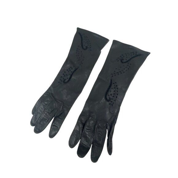 Vintage Women's Black Leather Gloves Intricate Paisley Embroidery Design - Picture 1 of 12